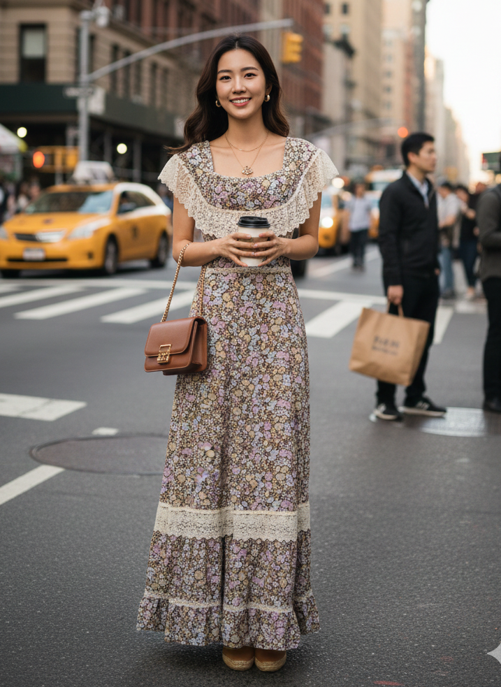 Wildflower Way - Vintage Floral Maxi Dress with Lace Trim