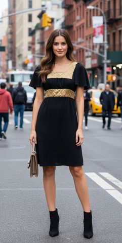 Gold Lily -Black dress lily sleeves gold quilted collar and waist