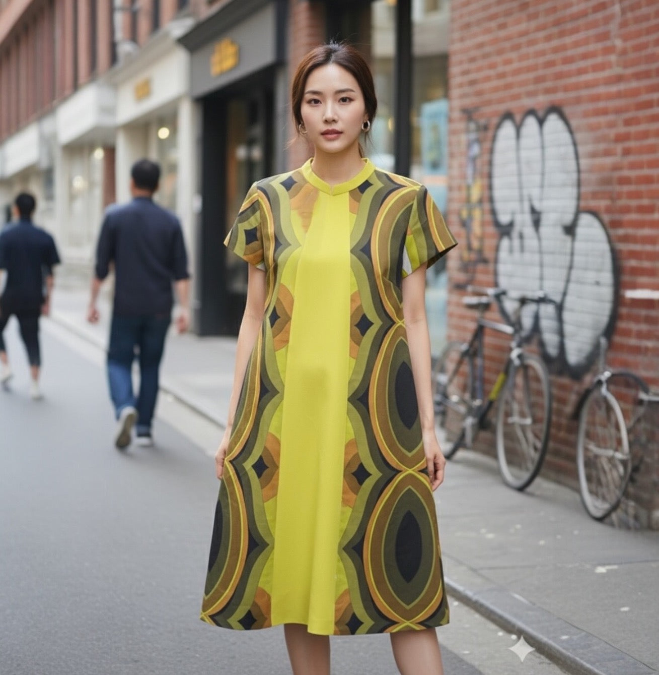 REAL RETRO OLIVE SHIFT - ORIGINAL 60S FABRIC MAXI DRESS COTTON HANDMADE MODERN CHEONGSAM