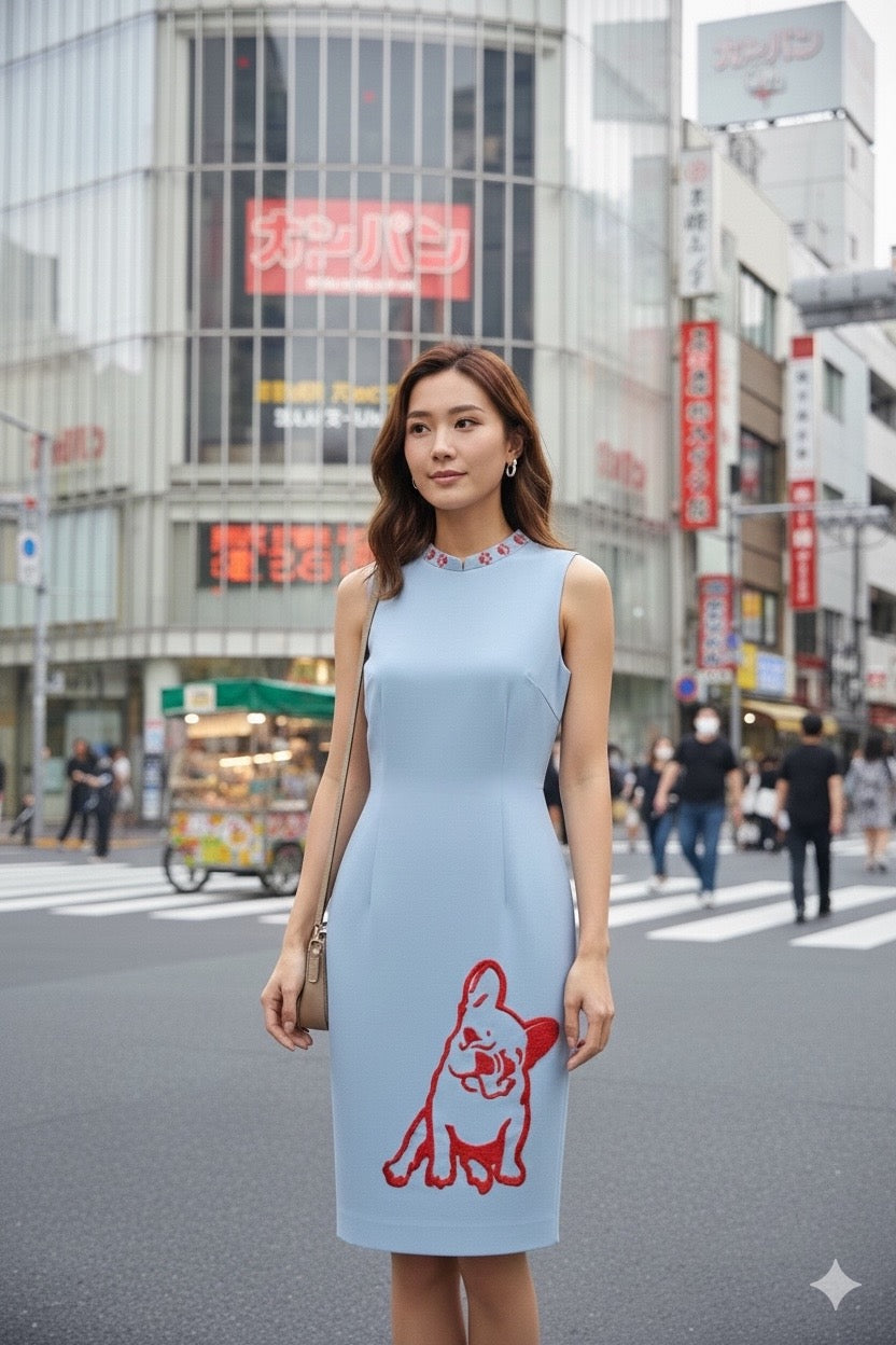 FRENCHIE - HANDMADE, HAND-EMBROIDERED SILK-COTTON CHEONGSAM