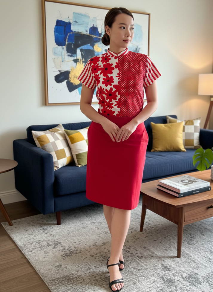 DOT STRIPE DAISY - HANDMADE MODERN COTTON CHEONGSAM