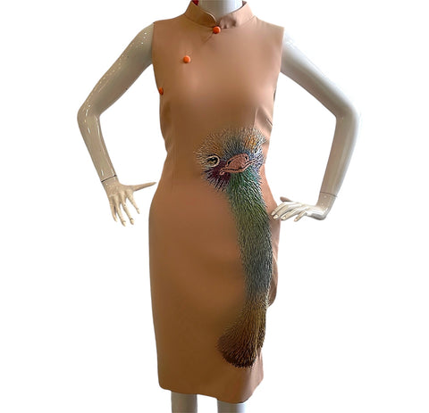 OSTRICH - HANDMADE, HAND-EMBROIDERED SILK-COTTON CHEONGSAM