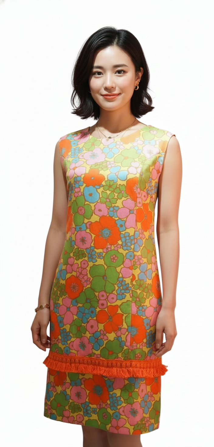 TANGERINE TANGO - 60S BRIGHT PRINTS SHIFT W FRINGE TRIM