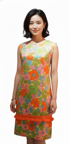 TANGERINE TANGO - 60S BRIGHT PRINTS SHIFT W FRINGE TRIM