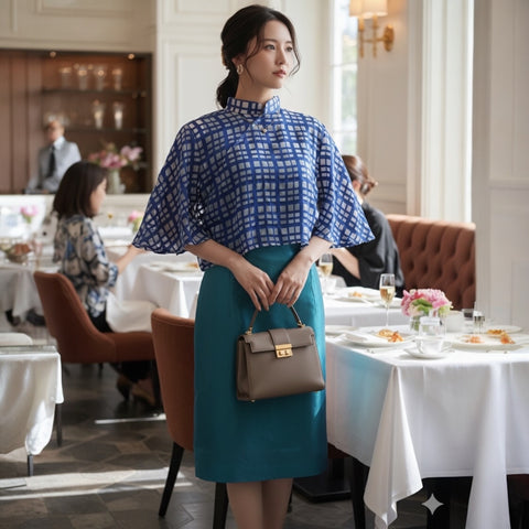 SILK GRID - HANDMADE, LIMITED EDITION SILK BROCADE CAP SLEEVE CHEONGSAM