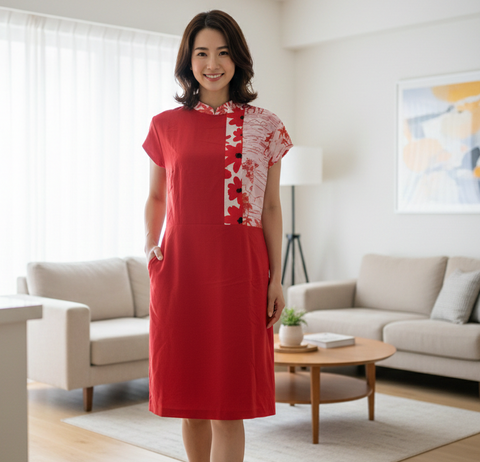 SPLIT 3 TROPICANA - HANDMADE MODERN COTTON CHEONGSAM DRESS W RED PALM TREES