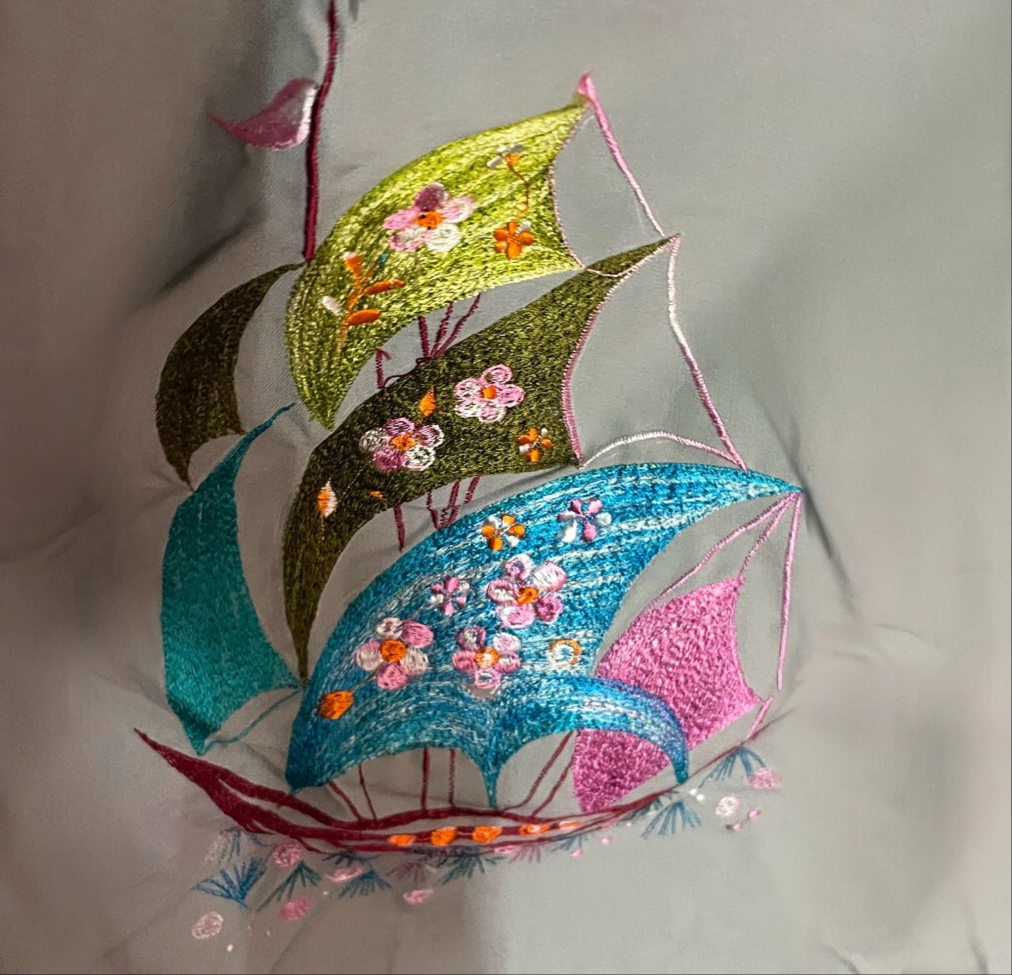 CALM WATERS - JUNK SHIP GREY HANDMADE, HAND-EMBROIDERED SILK-COTTON CHEONGSAM