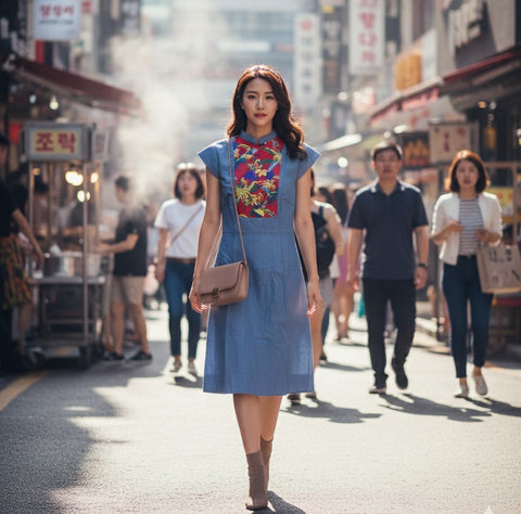 RED PARROT DENIM DRESS - HANDMADE MODERN COTTON CHEONGSAM