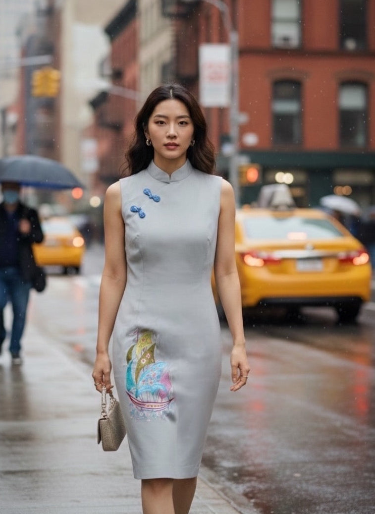 CALM WATERS - JUNK SHIP GREY HANDMADE, HAND-EMBROIDERED SILK-COTTON CHEONGSAM