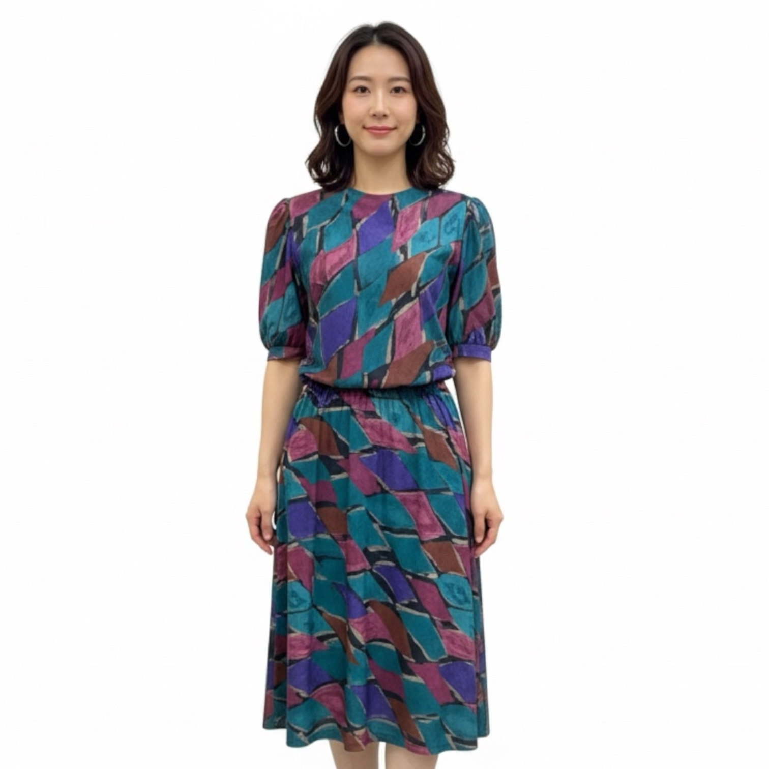 Terra Mosaic - 3/4 Sleeve Earthtone Print Dress