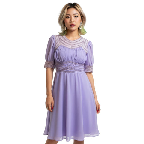 Amethyst Wave - Unusual Purple Beaded Sheer Shoulder Short Sleeve Dress