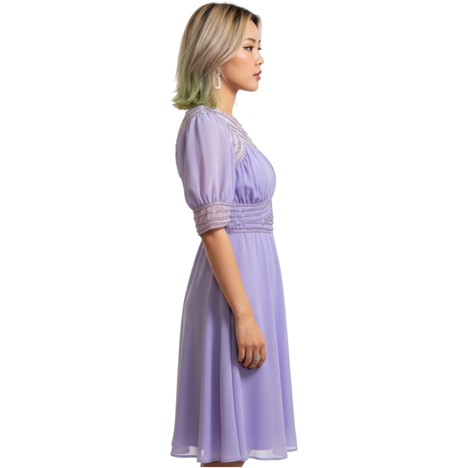 Amethyst Wave - Unusual Purple Beaded Sheer Shoulder Short Sleeve Dress
