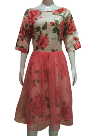 Rose Veil - Rare & Delicate Vintage 50s 3/4 Sleeve Floral Dress with Sheer Rose Pink Layer