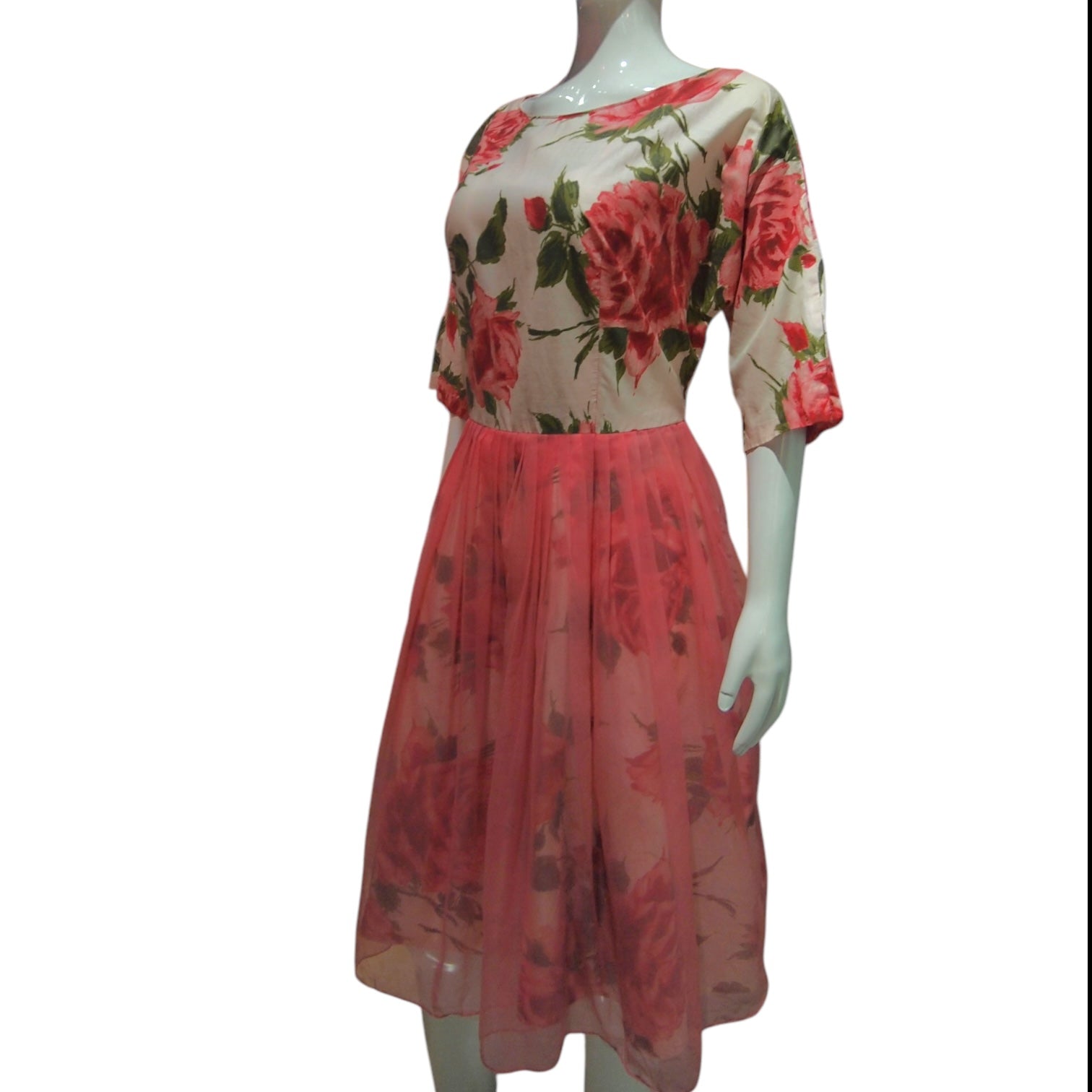Rose Veil - Rare & Delicate Vintage 50s 3/4 Sleeve Floral Dress with Sheer Rose Pink Layer