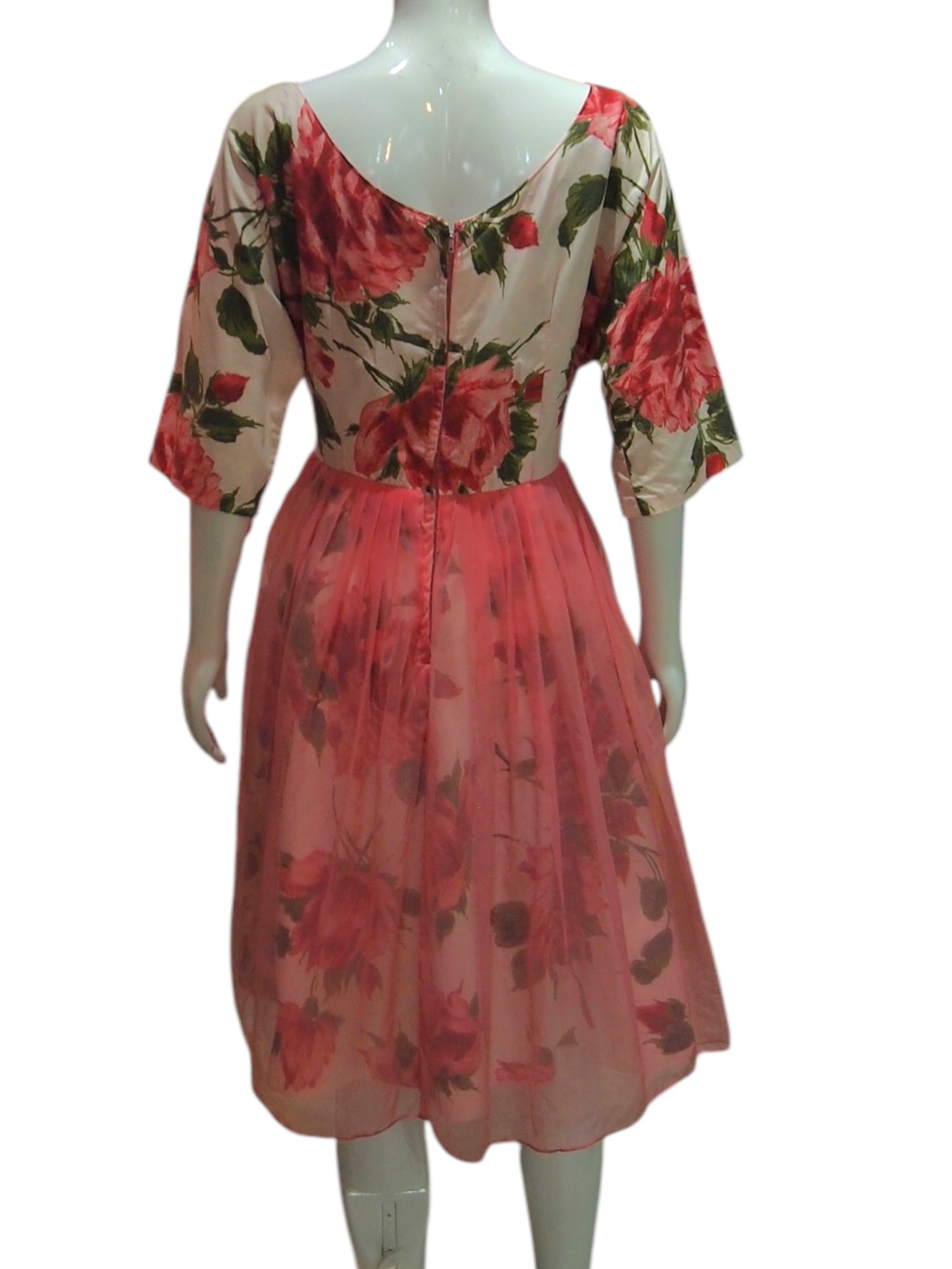 Rose Veil - Rare & Delicate Vintage 50s 3/4 Sleeve Floral Dress with Sheer Rose Pink Layer