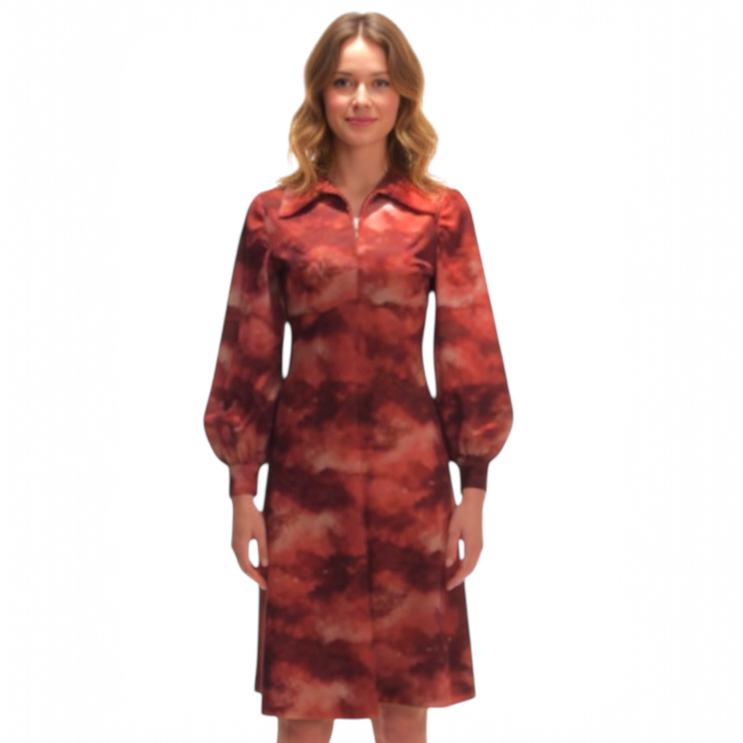 Duskwave - Muted Maroon Abstract Print With Balloon Long Lamb Sleeve