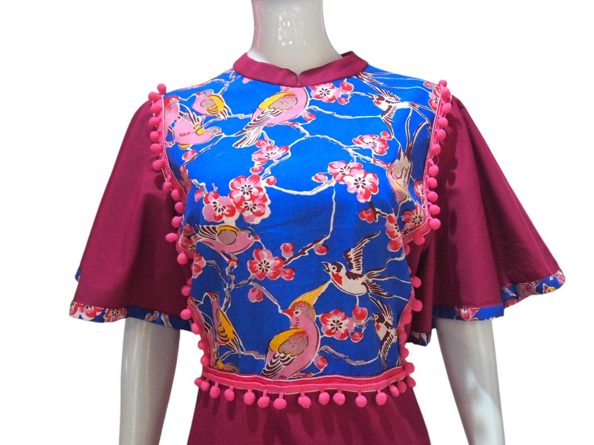 HANDPRINT BIRDS - HANDMADE MODERN SILK COTTON CHEONGSAM DRESS