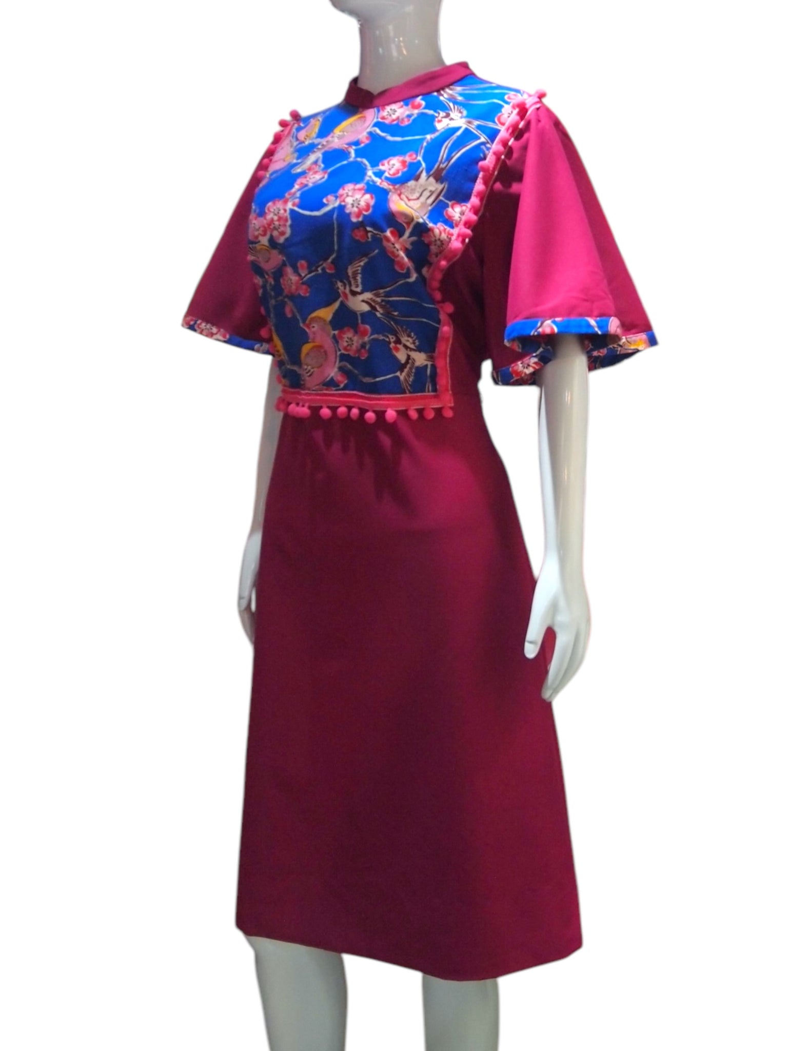 HANDPRINT BIRDS - HANDMADE MODERN SILK COTTON CHEONGSAM DRESS