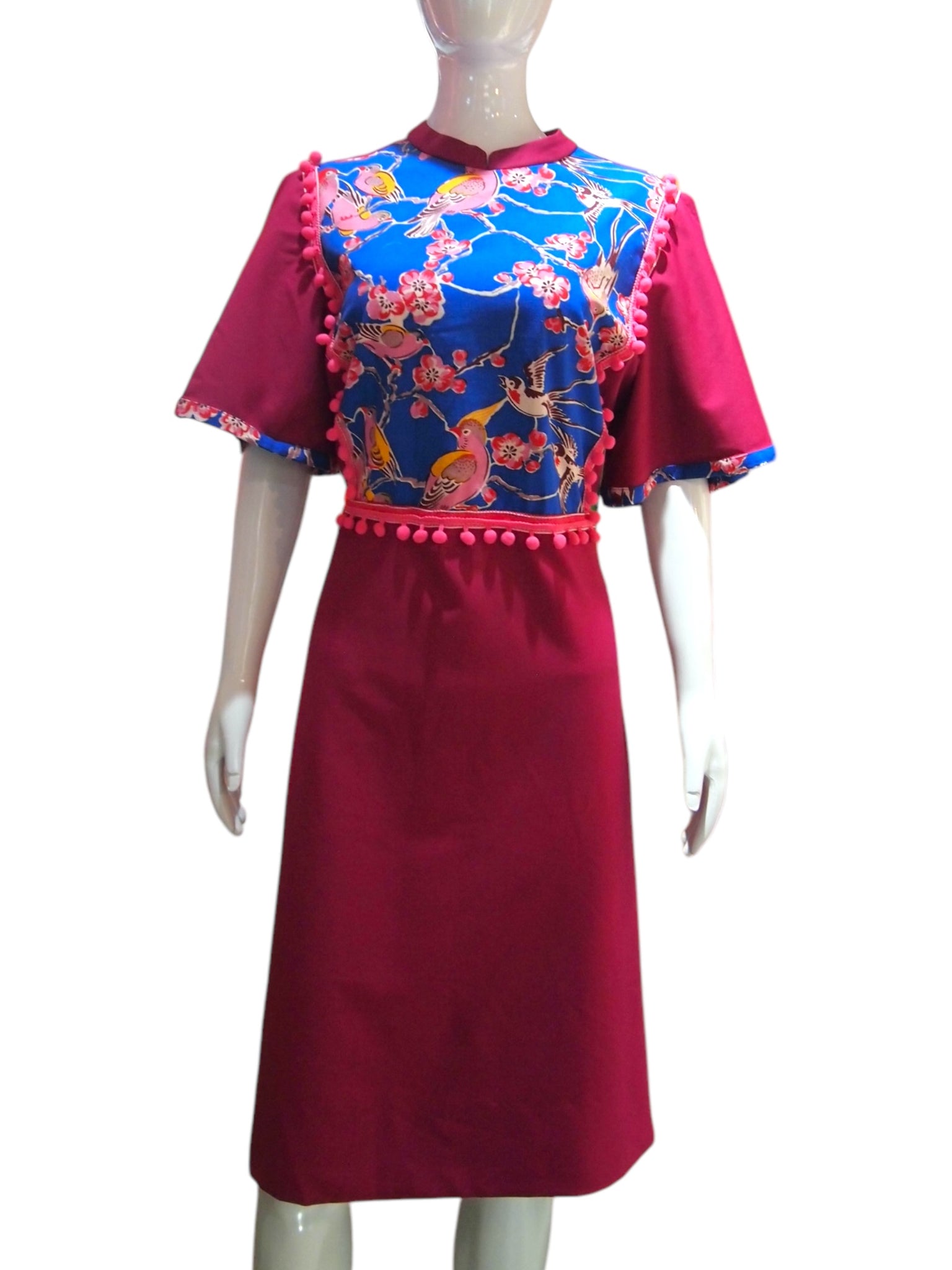 HANDPRINT BIRDS - HANDMADE MODERN SILK COTTON CHEONGSAM DRESS