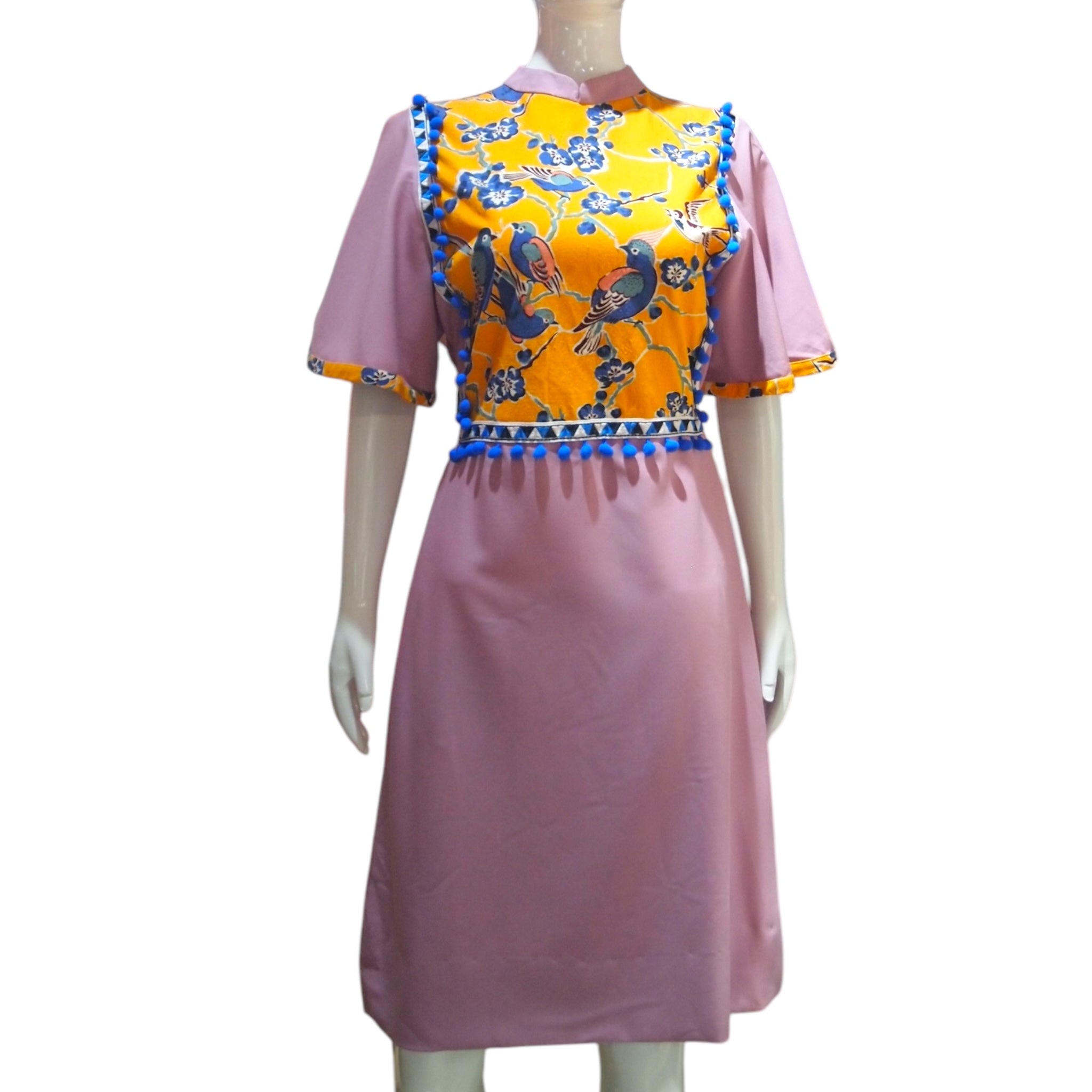 HANDPRINT BIRDS - HANDMADE MODERN SILK COTTON CHEONGSAM DRESS