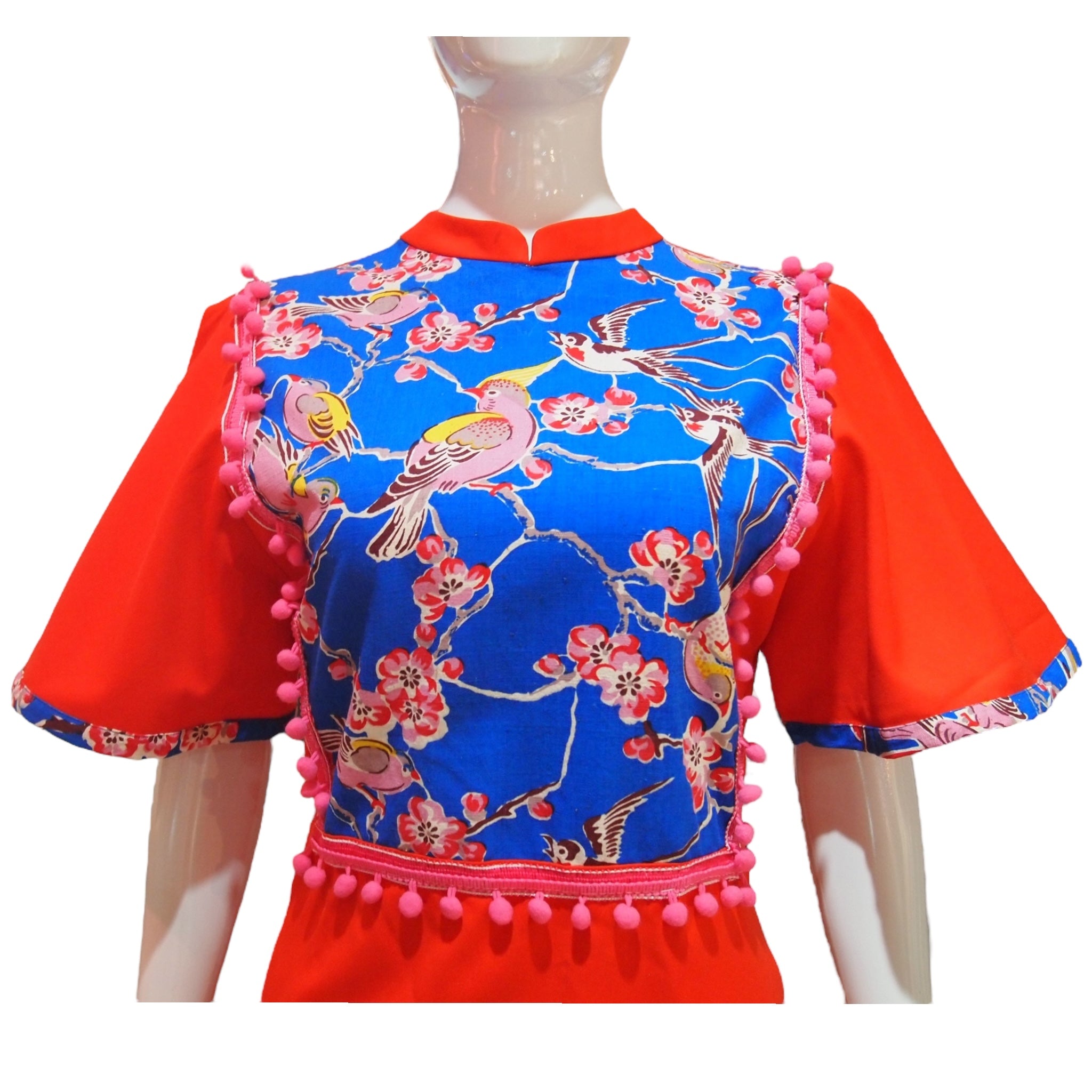 HANDPRINT BIRDS - HANDMADE MODERN SILK COTTON CHEONGSAM DRESS