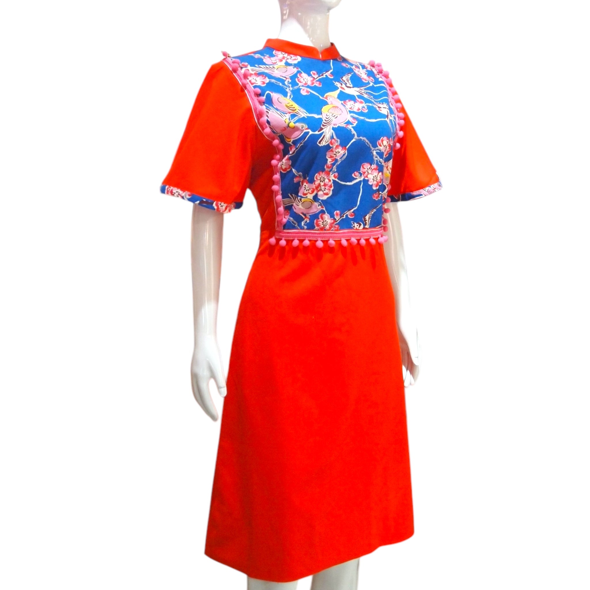 HANDPRINT BIRDS - HANDMADE MODERN SILK COTTON CHEONGSAM DRESS