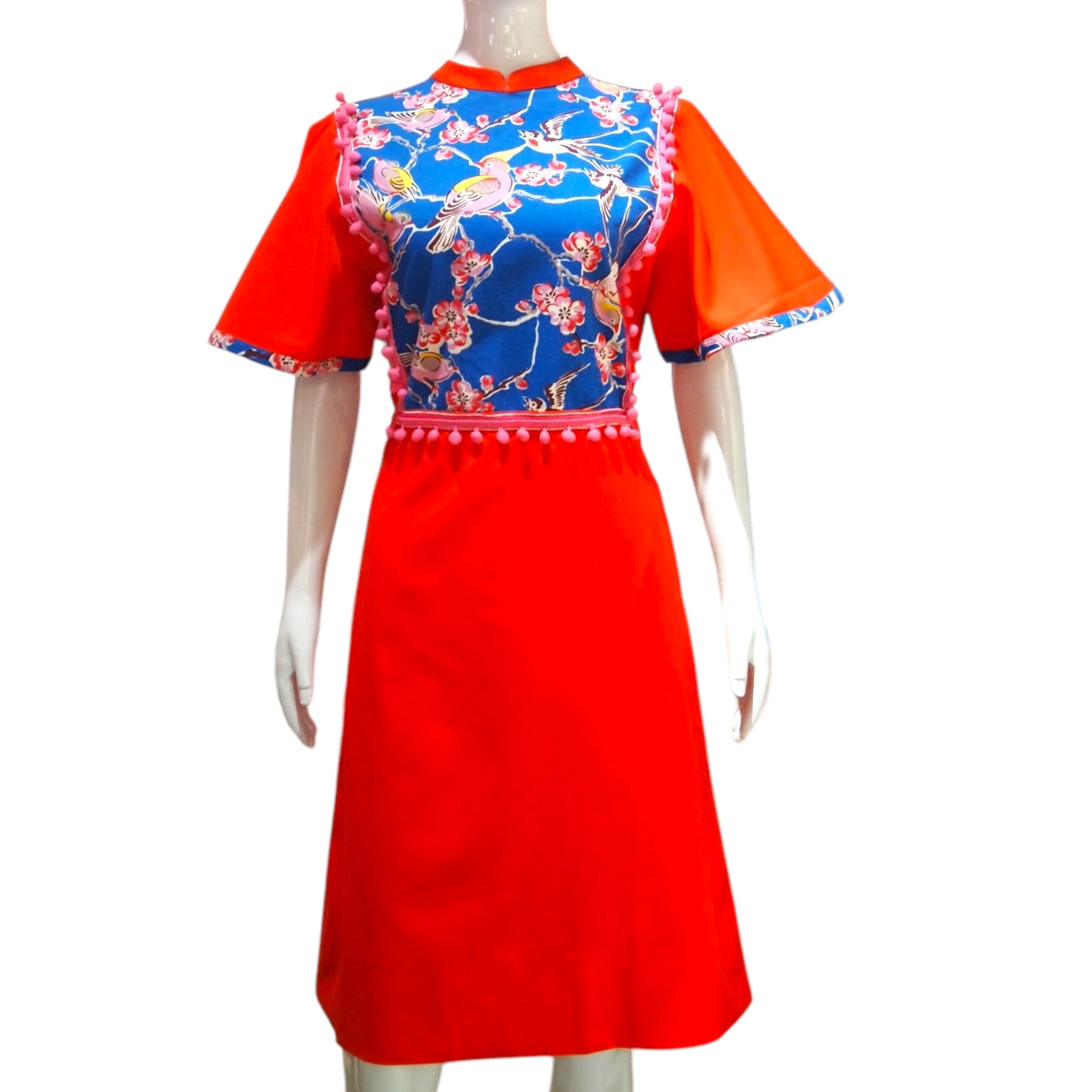 HANDPRINT BIRDS - HANDMADE MODERN SILK COTTON CHEONGSAM DRESS