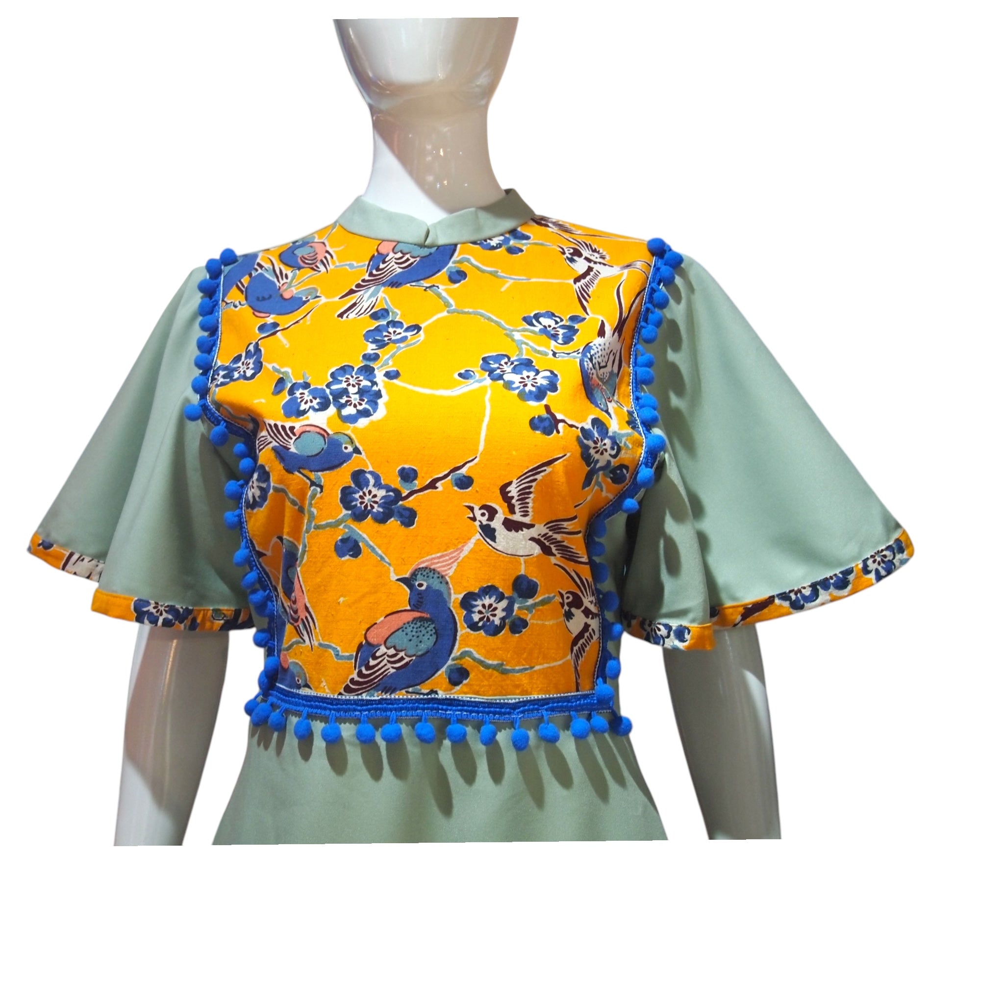 HANDPRINT BIRDS - HANDMADE MODERN SILK COTTON CHEONGSAM DRESS