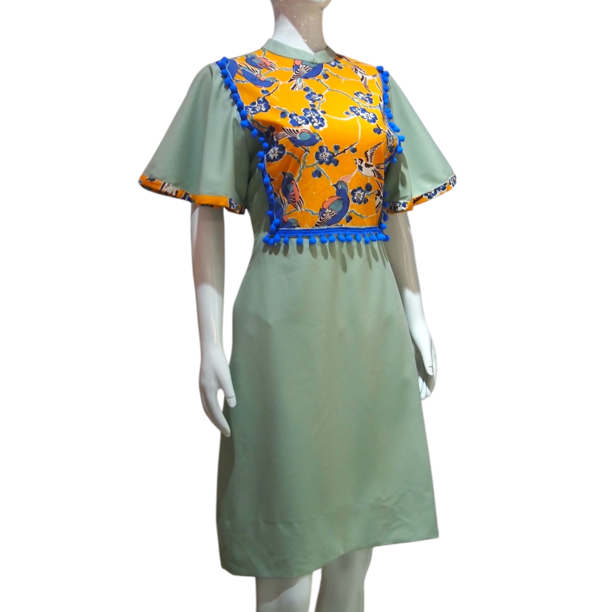 HANDPRINT BIRDS - HANDMADE MODERN SILK COTTON CHEONGSAM DRESS