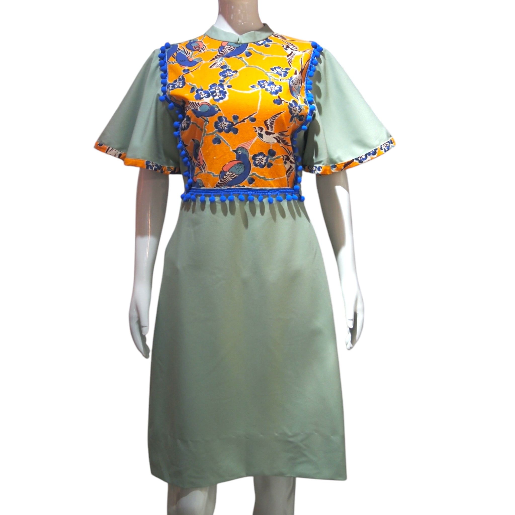 HANDPRINT BIRDS - HANDMADE MODERN SILK COTTON CHEONGSAM DRESS