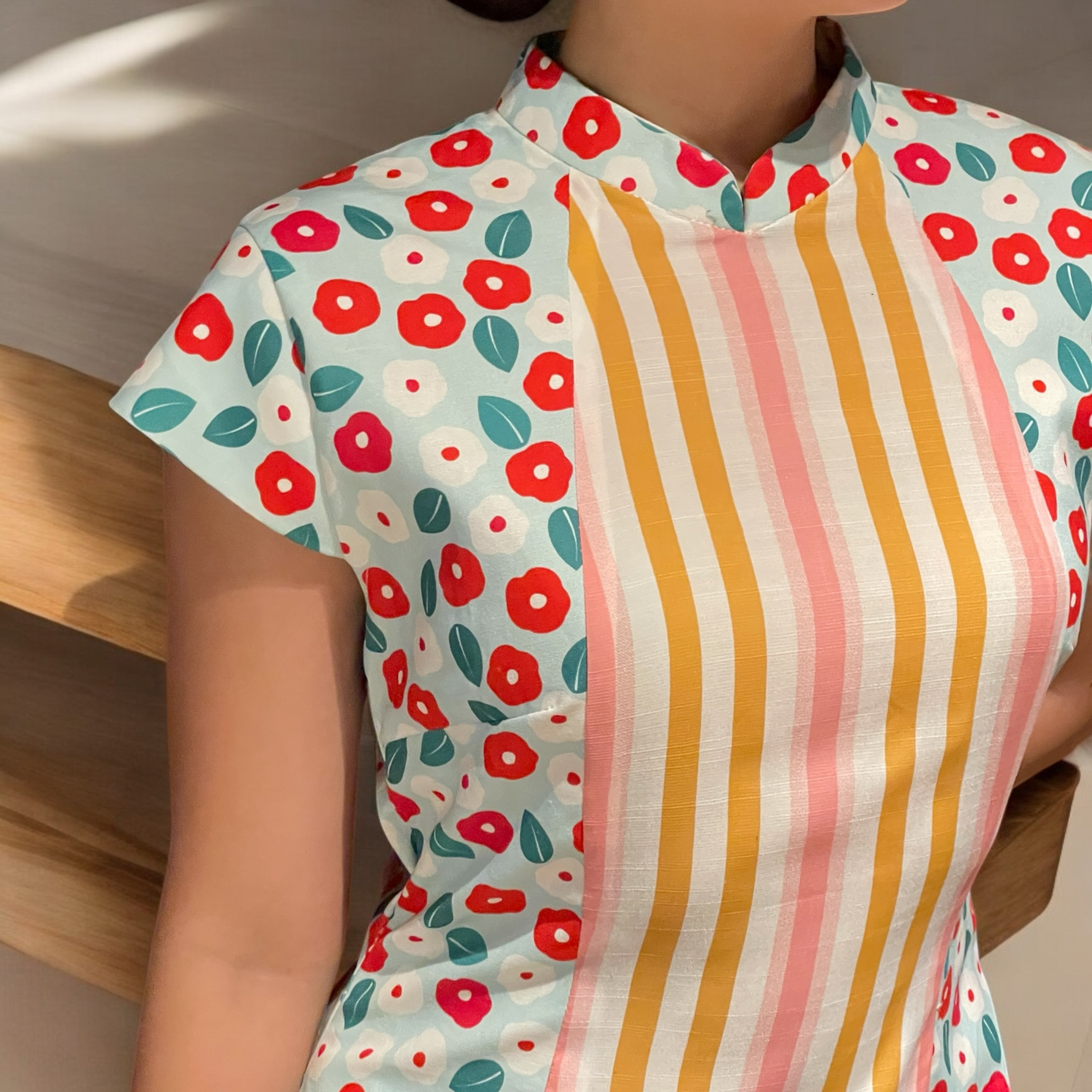GROOVE LINE - SPLIT BY STRIPES HANDMADE MODERN COTTON CHEONGSAM DRESS
