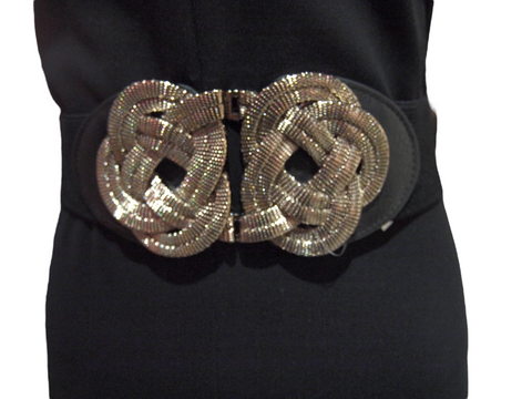 BLACK INFINITY - STATEMENT BROAD BLACK STRETCH VINTAGE BELT W METAL MESH KNOT  BUCKLE