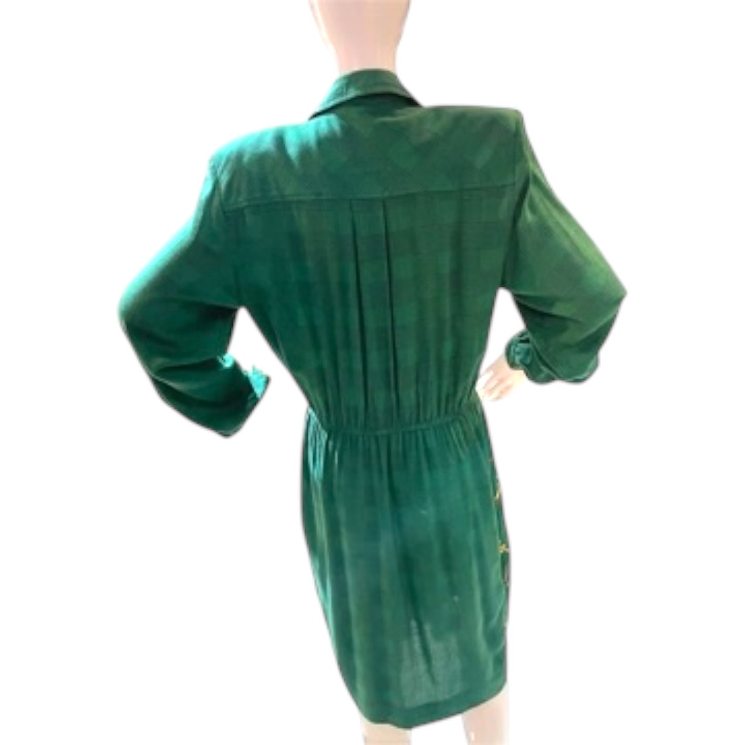 Motif In Moss - Edgy Green Strong Shouldered Print Trench Dress Long-Sleeved