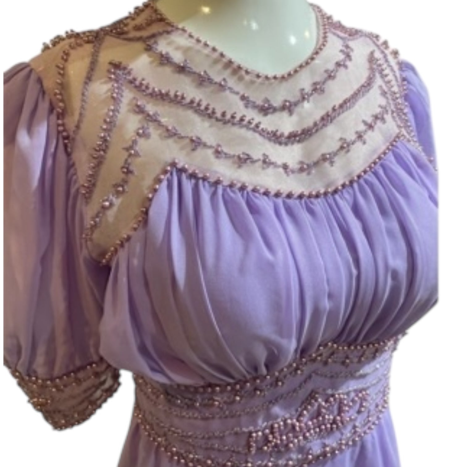 Amethyst Wave - Unusual Purple Beaded Sheer Shoulder Short Sleeve Dress