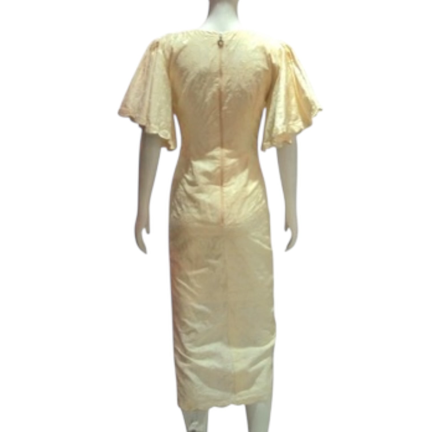 Wavy Whisper - Cream/ Pale Yellow Cutout Wavy Broderie Anglaise Lace Midi Dress With Flutter Sleeve