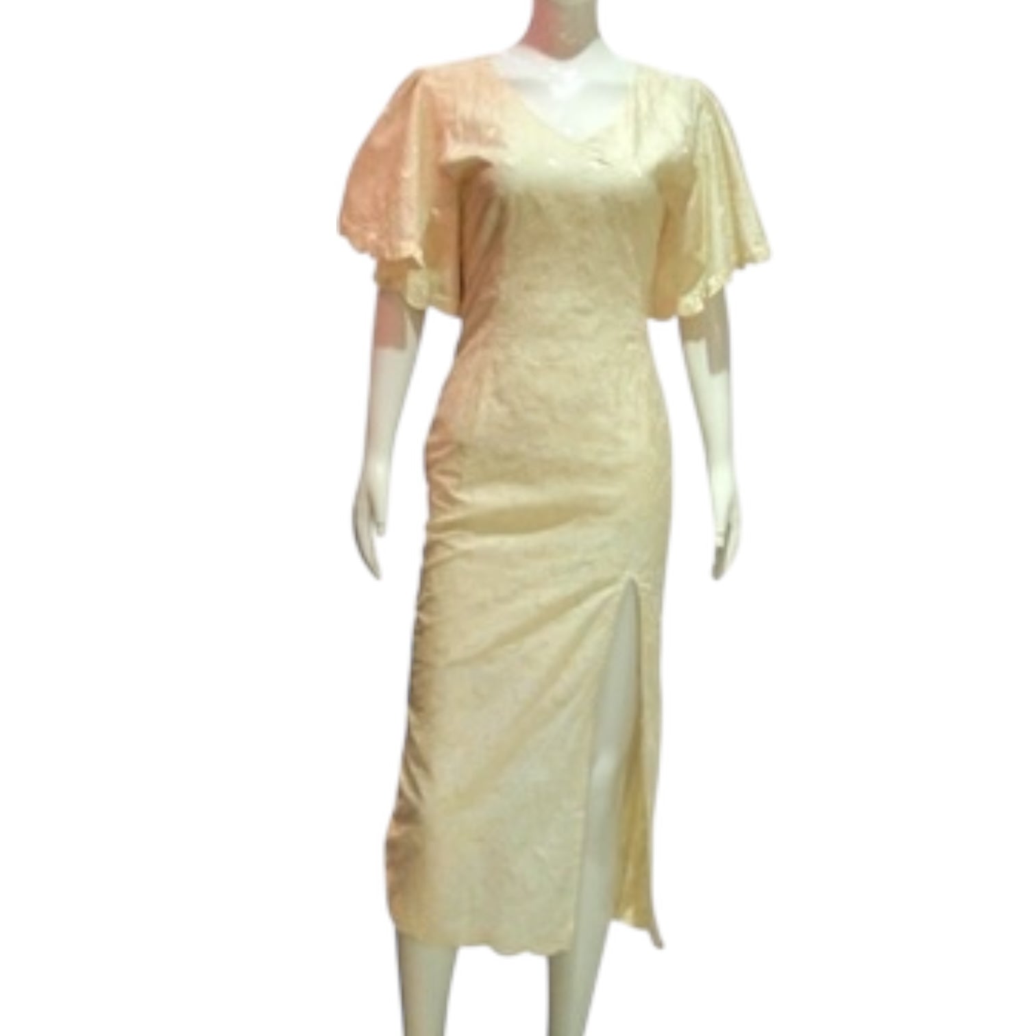 Wavy Whisper - Cream/ Pale Yellow Cutout Wavy Broderie Anglaise Lace Midi Dress With Flutter Sleeve