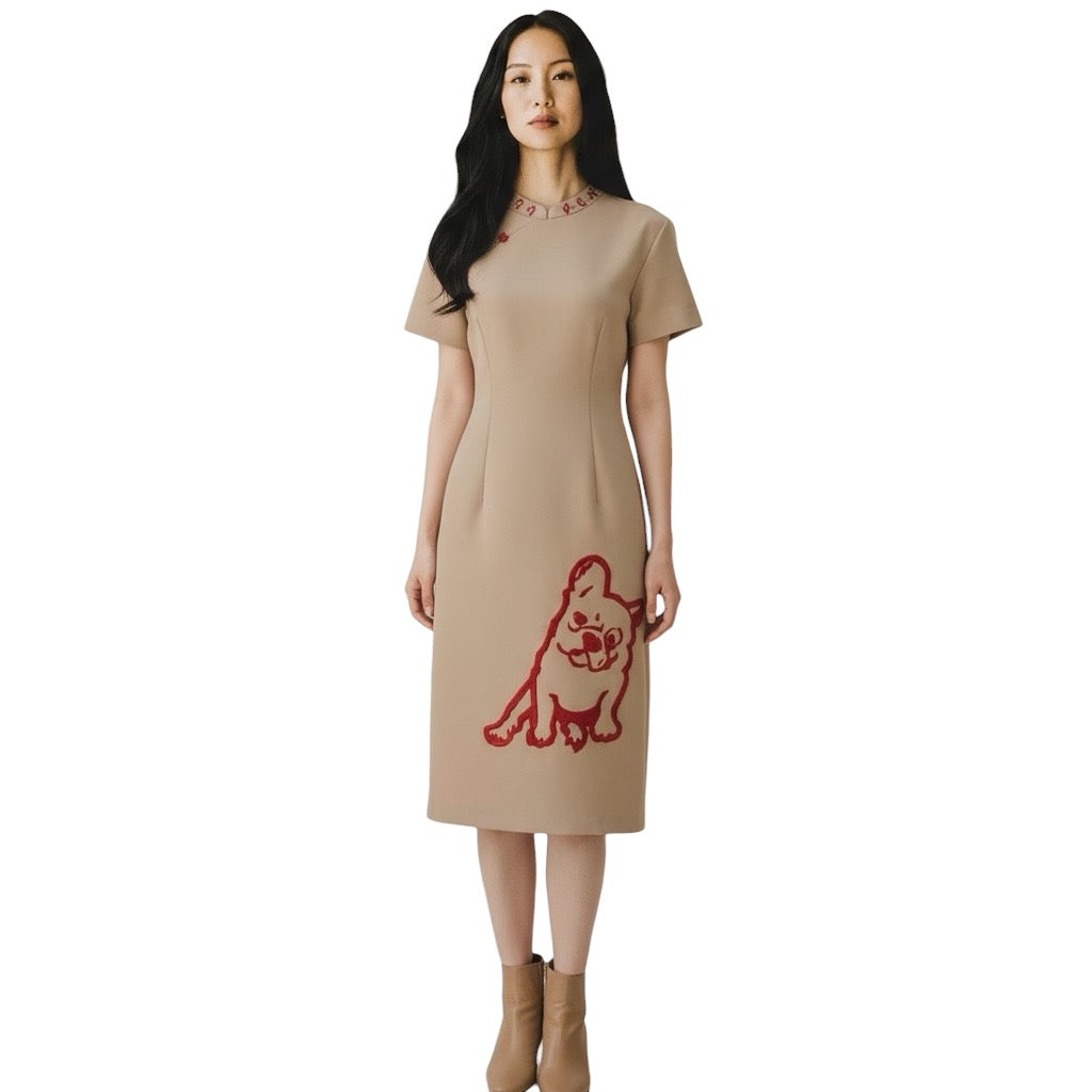 FRENCHIE - HANDMADE, HAND-EMBROIDERED SILK-COTTON CHEONGSAM