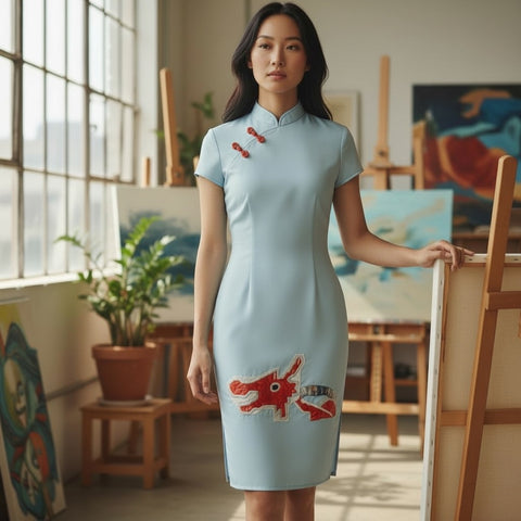 DRAGON PLAYGROUND - HANDMADE, HAND-EMBROIDERED SILK-COTTON CHEONGSAM