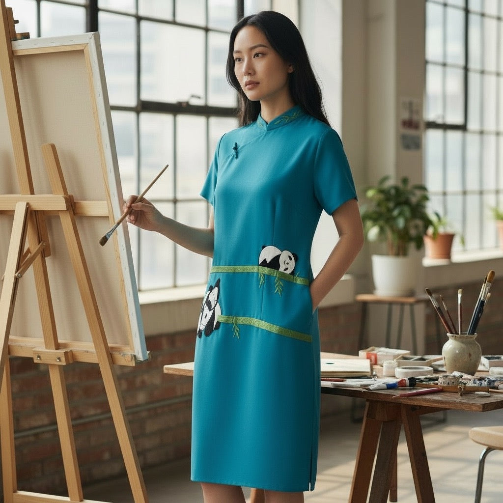 PANDA WAIST - HANDMADE, HAND-EMBROIDERED SILK-COTTON CHEONGSAM