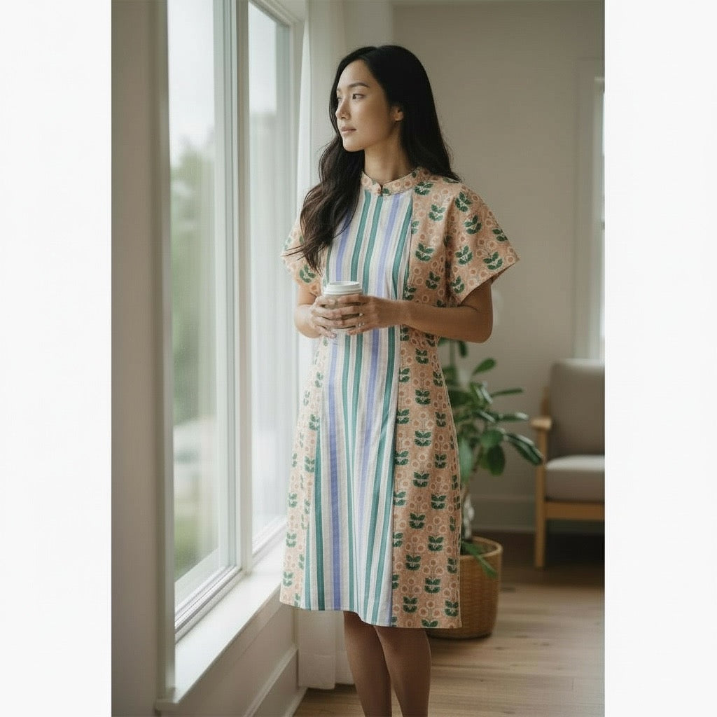 GROOVE LINE - SPLIT BY STRIPES HANDMADE MODERN COTTON CHEONGSAM DRESS