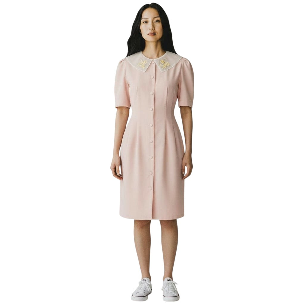 Petal Whimsy - Vintage Pink Short Sleeve Dress with Embroidered Collar