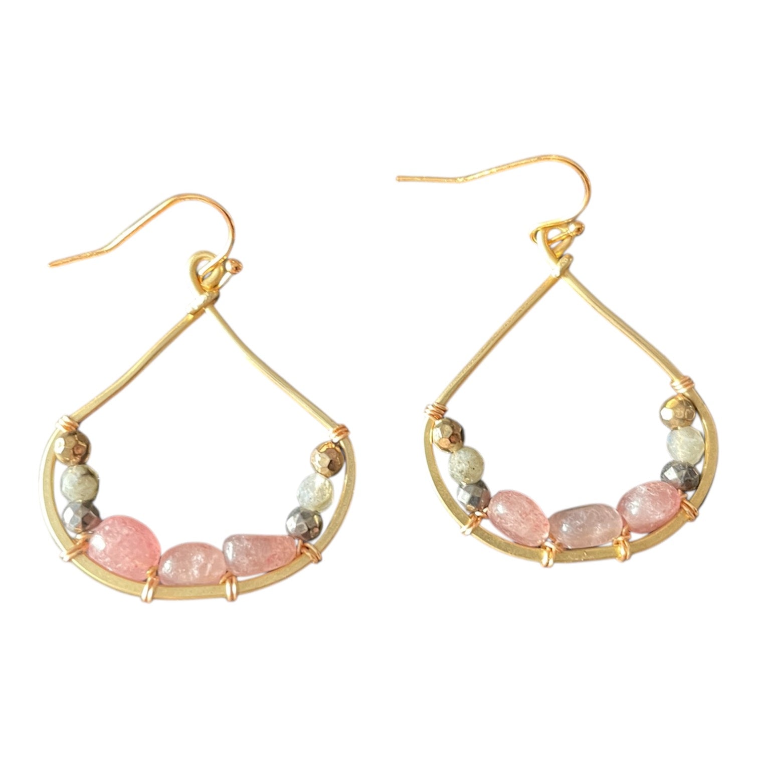Wired Teardrop - Handmade Gemstone Semi-precious Gold-plated Earrings