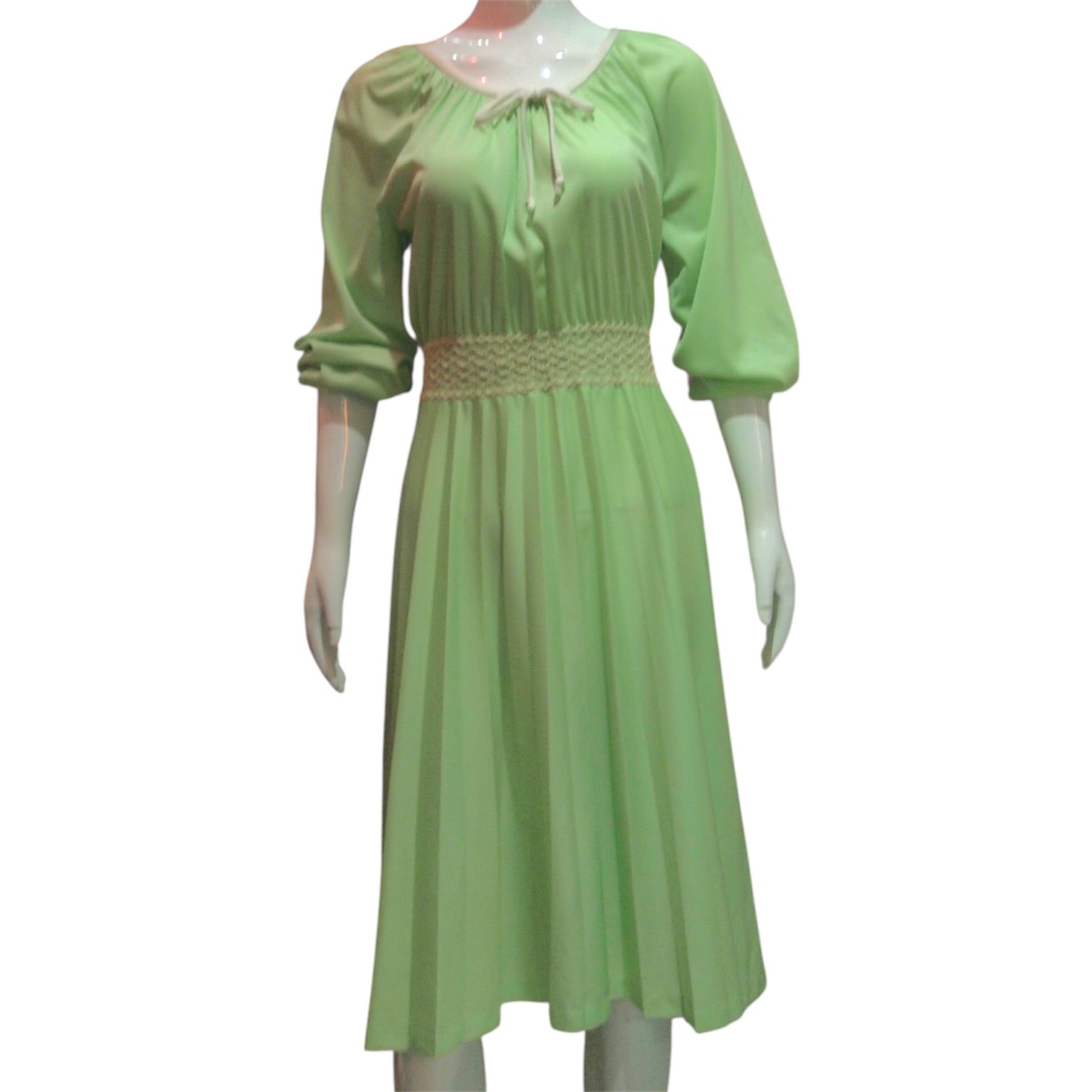 Apple Grove - Vintage 1970s Apple Green Dress with Lattice Weave Waist