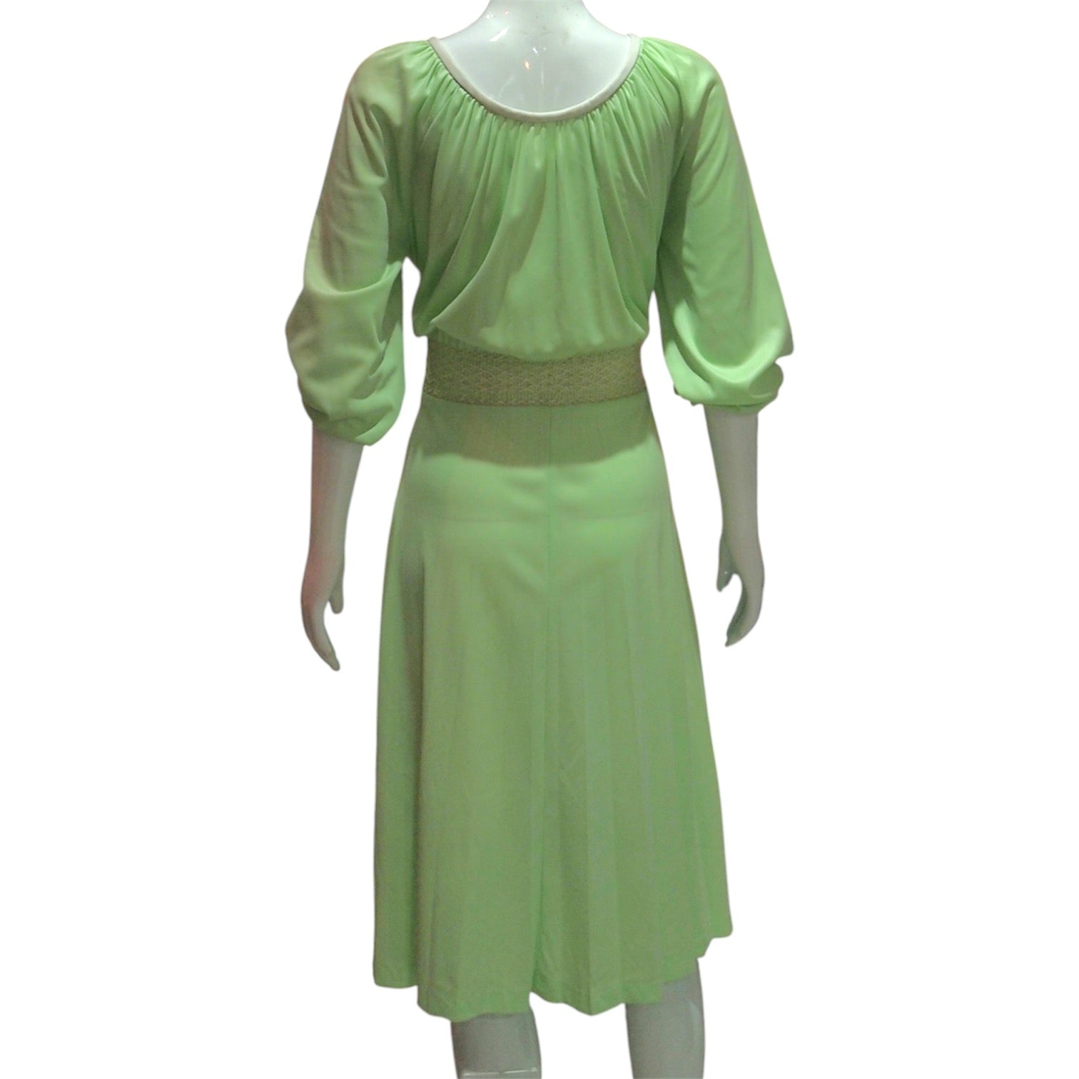 Apple Grove - Vintage 1970s Apple Green Dress with Lattice Weave Waist