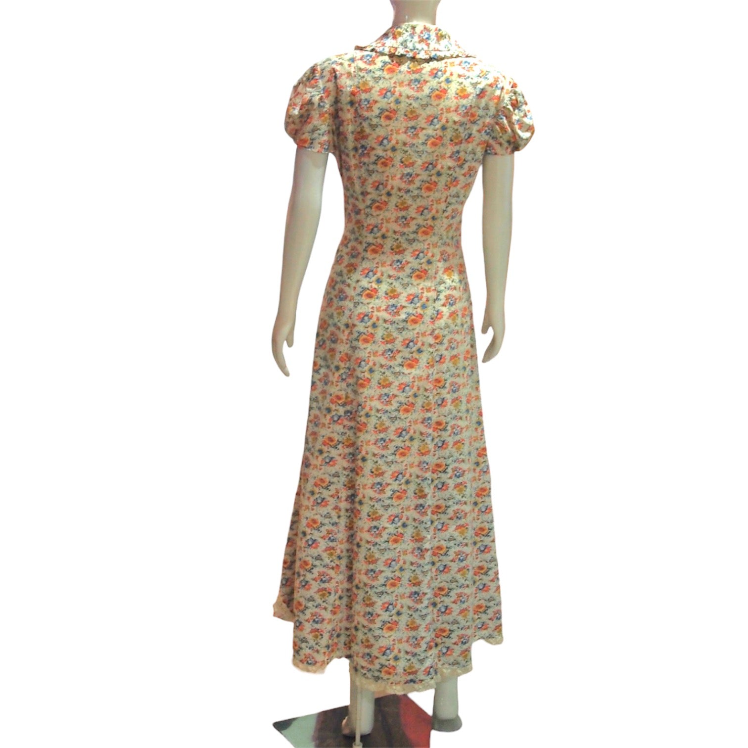 Wildflower Cottage - Vintage 1970s Wavy Collar Lace Trimmed Maxi Dress