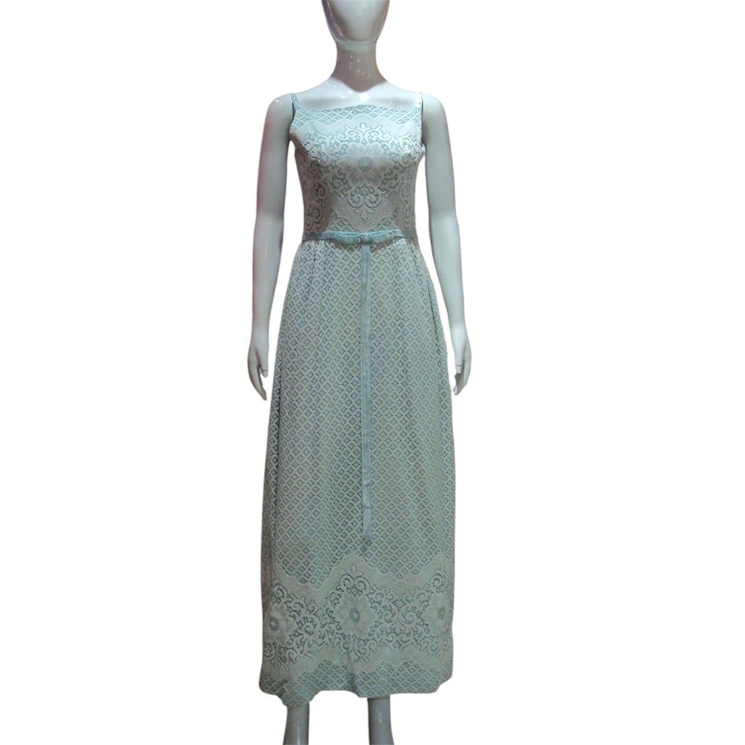 The Juliette - Vintage 1960s Pale Blue Intricate Lace Maxi Dress with Blue Velvet Straps