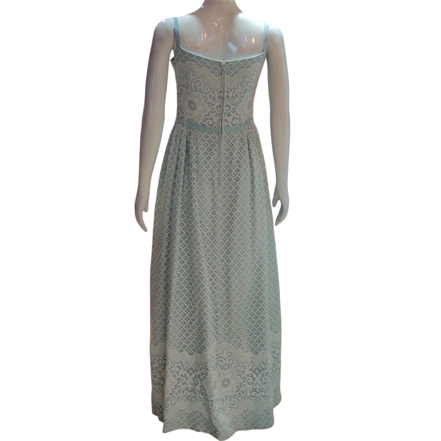 The Juliette - Vintage 1960s Pale Blue Intricate Lace Maxi Dress with Blue Velvet Straps