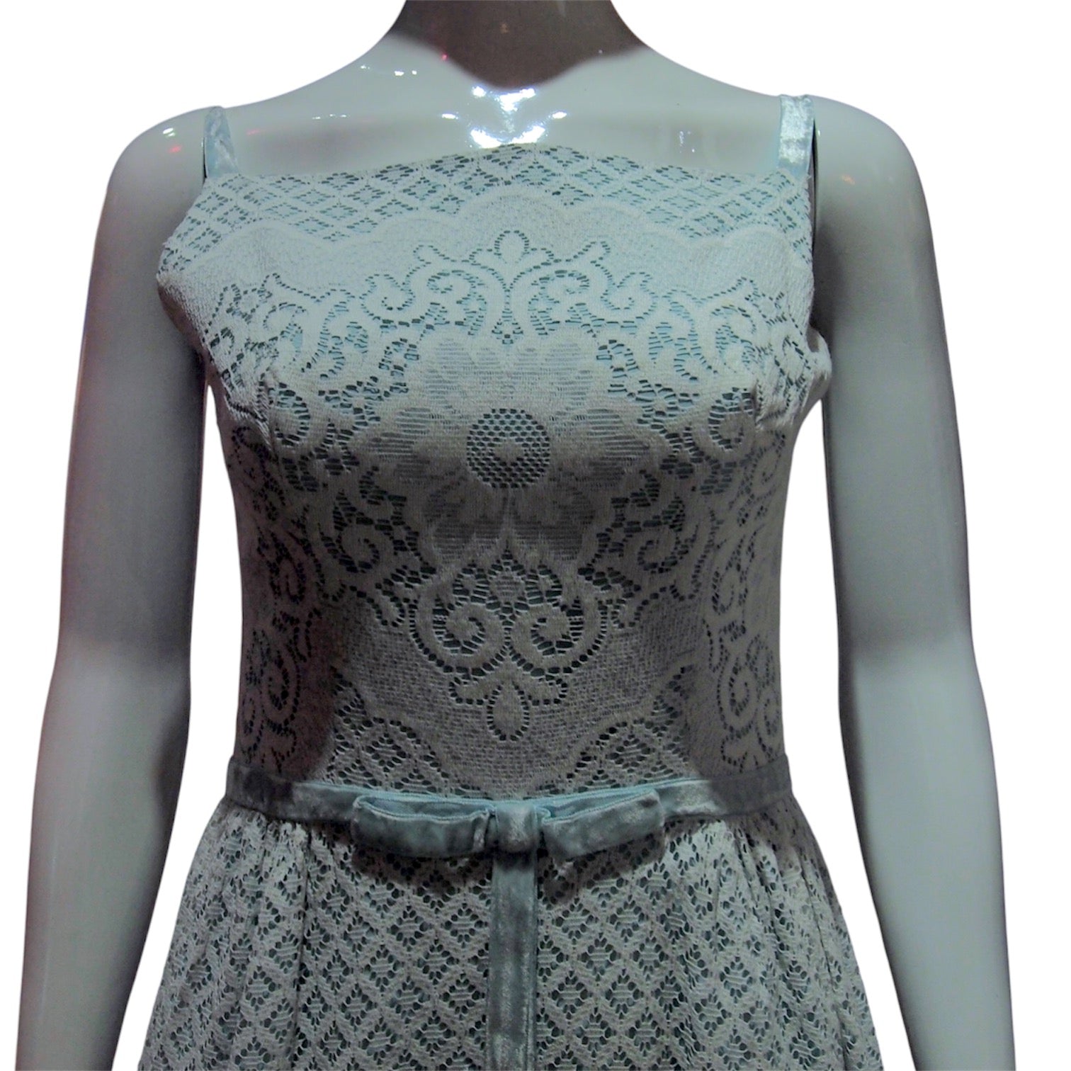 The Juliette - Vintage 1960s Pale Blue Intricate Lace Maxi Dress with Blue Velvet Straps