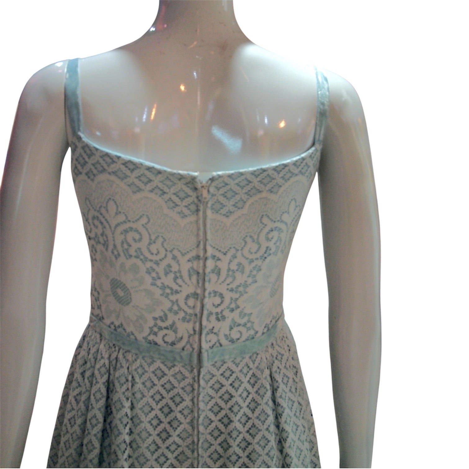 The Juliette - Vintage 1960s Pale Blue Intricate Lace Maxi Dress with Blue Velvet Straps