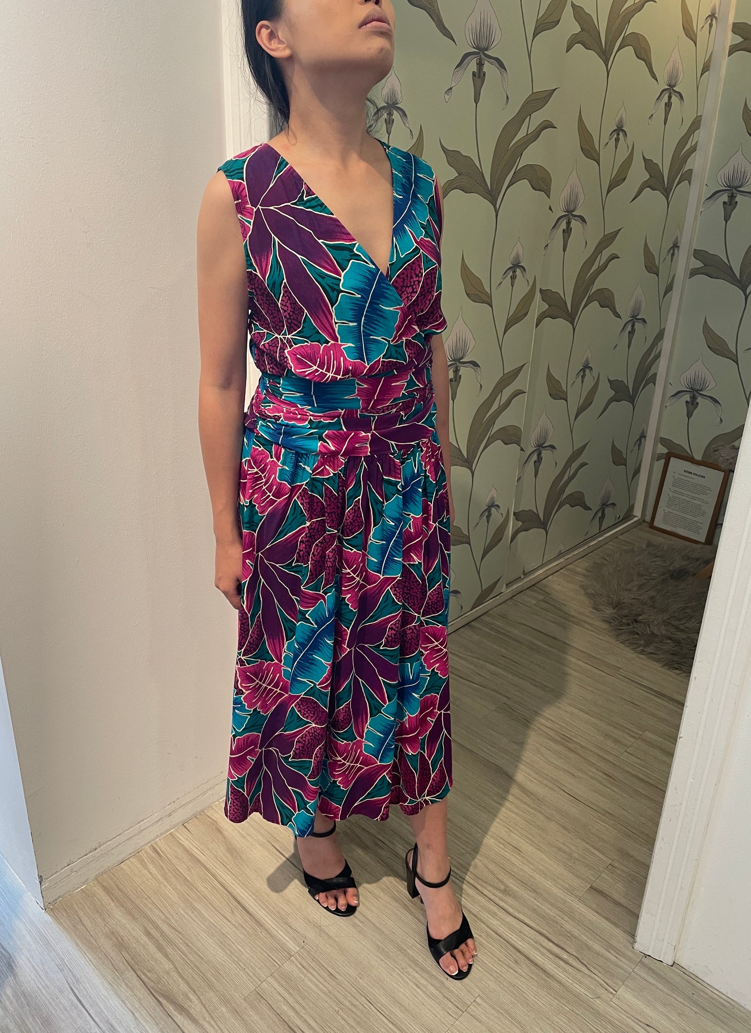 Alternative Vibes Purple Tropical Midi Dress with Ruched Waist